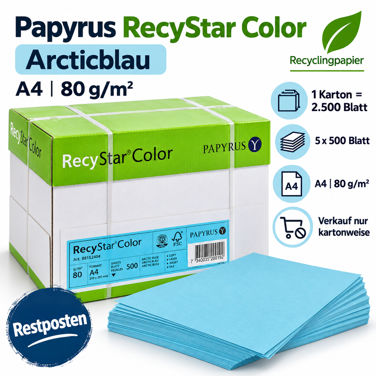 Papyrus RecyStar Color A4 80 g/m² Arcticblau – Restposten (Karton à 2.500 Blatt)